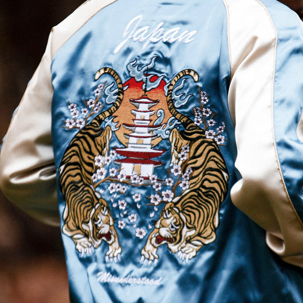 Japanese Tiger Satin Blue & Rose Gold Embroidery Souvenir Jacket