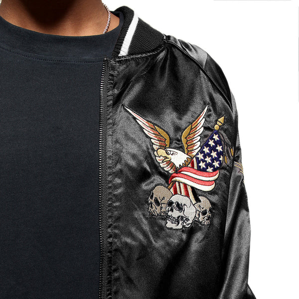 New York Black Satin Embroidery Bomber Souvenir Jacket