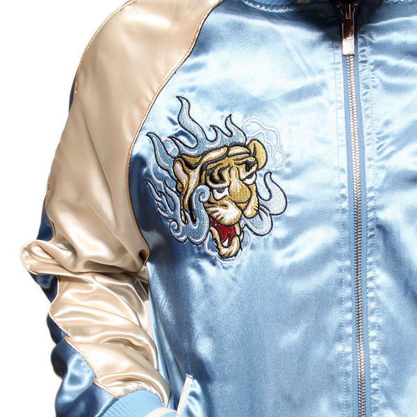 Japanese Tiger Satin Blue & Rose Gold Embroidery Souvenir Jacket