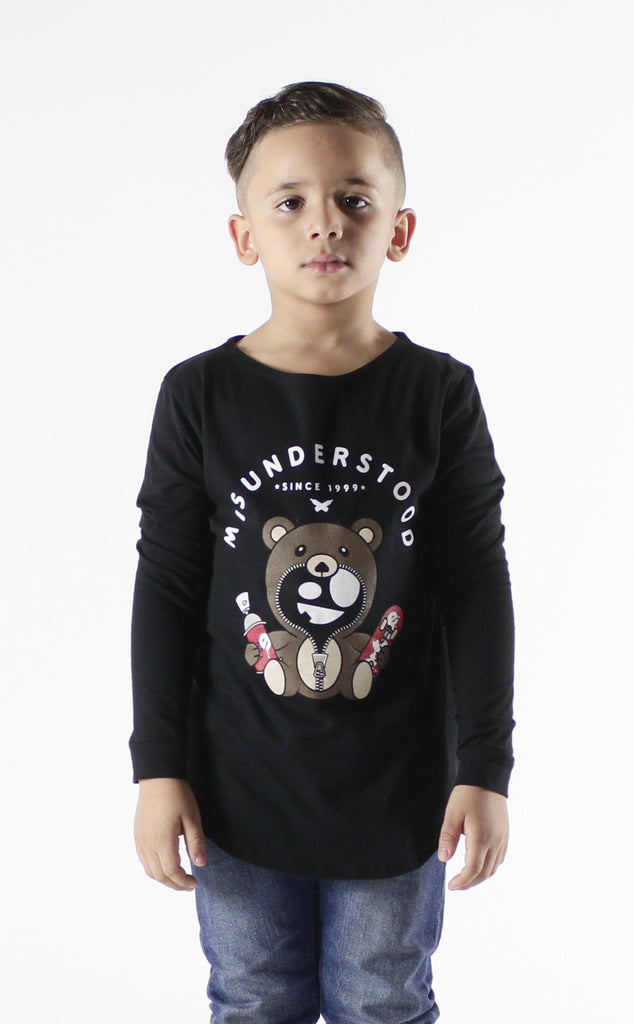 Entree Kids Misuderstood Teddy Bear Black Curved Hem Shirt