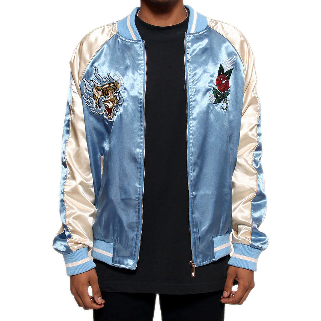 Japanese Tiger Satin Blue Rose Gold Embroidery Souvenir Jacket