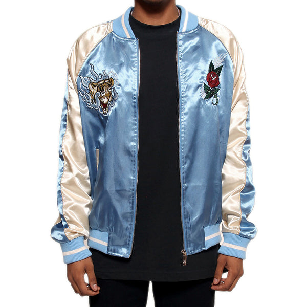 Japanese Tiger Satin Blue & Rose Gold Embroidery Souvenir Jacket