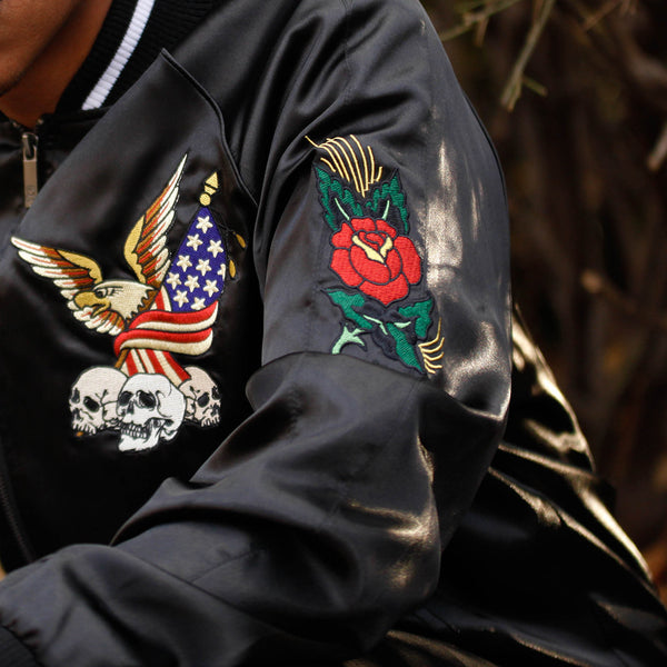 New York Black Satin Embroidery Bomber Souvenir Jacket