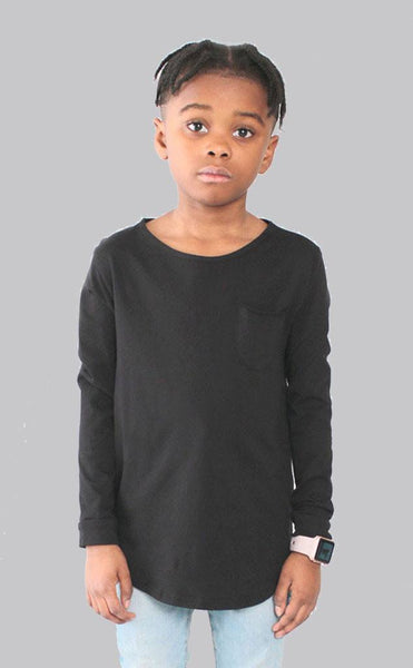 TOPS - Entree Kids Curved Hem Scallop Black Pocket Long Sleeve