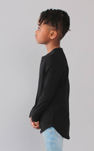 TOPS - Entree Kids Curved Hem Scallop Black Pocket Long Sleeve