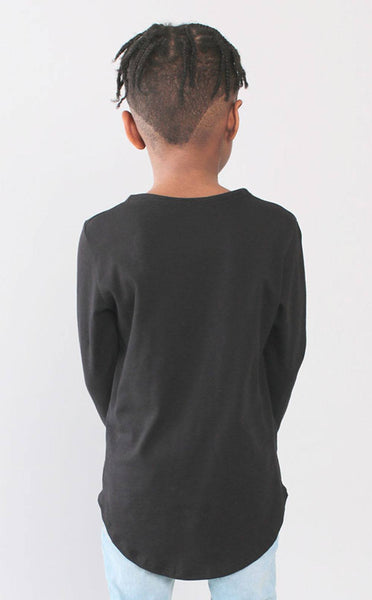 TOPS - Entree Kids Curved Hem Scallop Black Pocket Long Sleeve