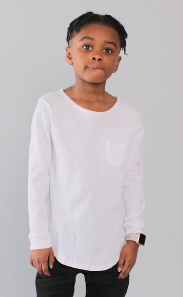 TOPS - Entree Kids Curved Hem Scallop White Pocket Long Sleeve