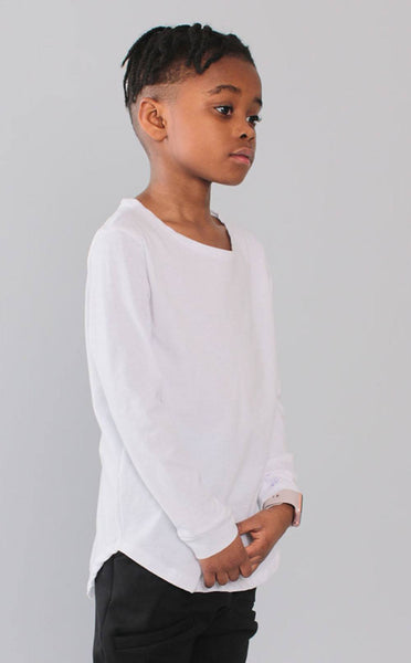TOPS - Entree Kids Curved Hem Scallop White Pocket Long Sleeve